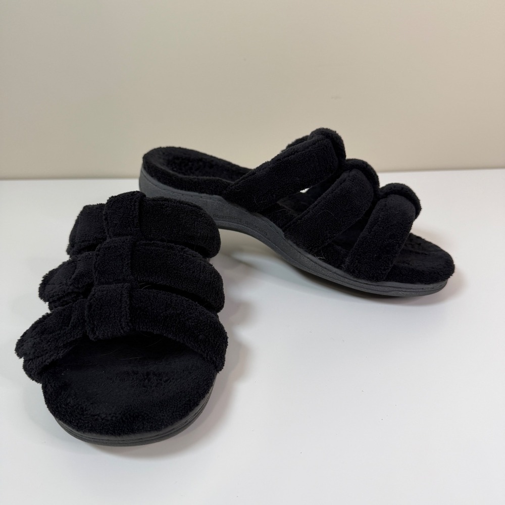 Vionic Snooze Black Terry Cloth Adjustable Triple Strap Slide Slippers Womens 8
